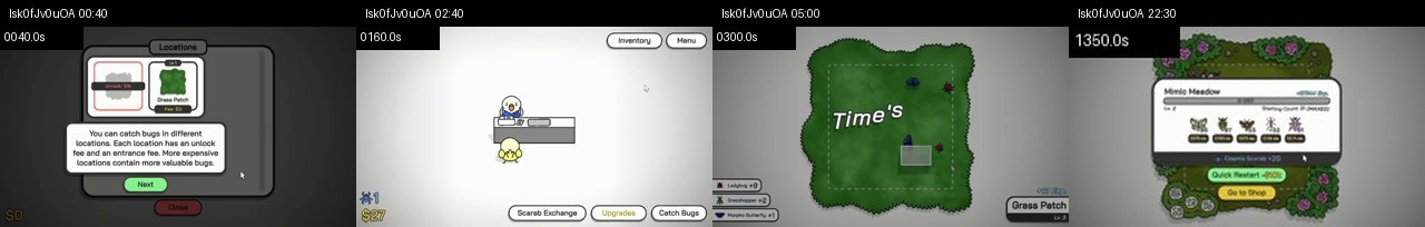 Reviewed Budgie's Bug Shop Demo analysis showing the location tutorial, customer orders, timed catching result, and later location progression