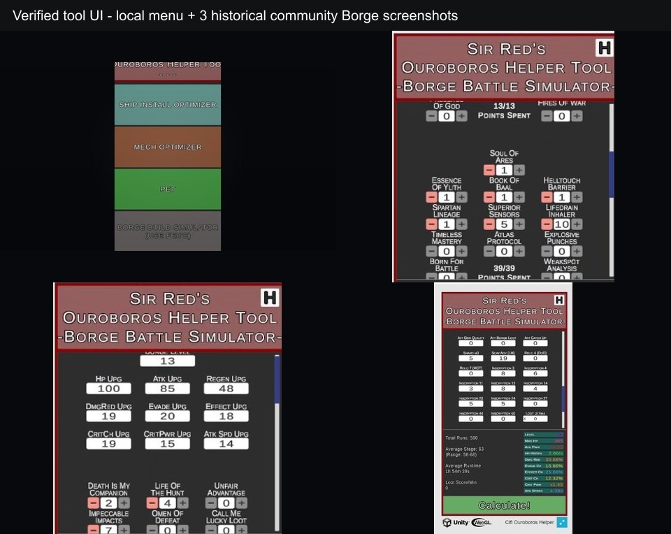 CIFI Ouroboros Helper Tool menu with historical Borge simulator input, upgrade allocation, and results screenshots
