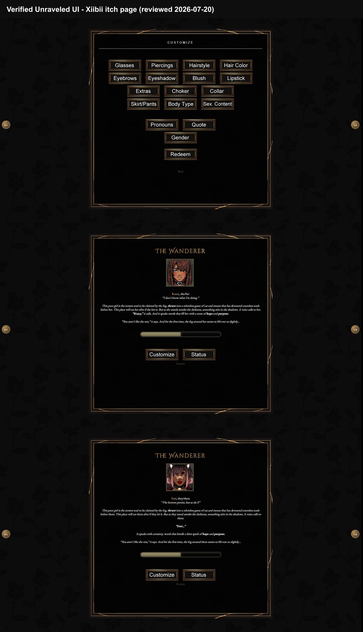 Reviewed Unraveled Customize category page and two Character overview pages
