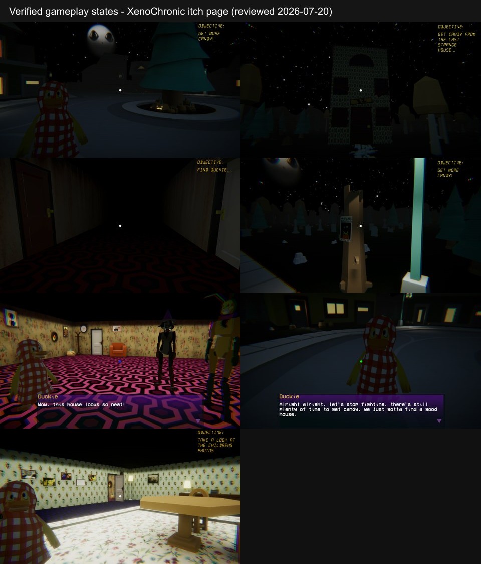 Reviewed The Mysterious House states showing Halloween streets, Tammy and Duckie, changing objectives, corridors, dialogue, and a conspicuous photo display
