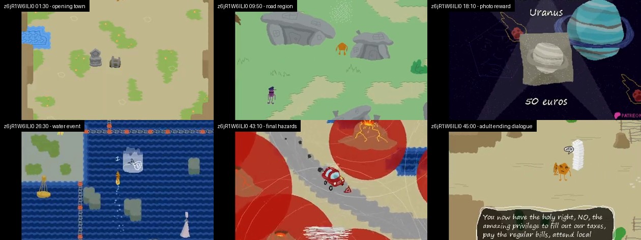 Reviewed Pent's Road Trip analysis showing the opening town, a road region, photo reward, water event, final hazards, and adulthood ending
